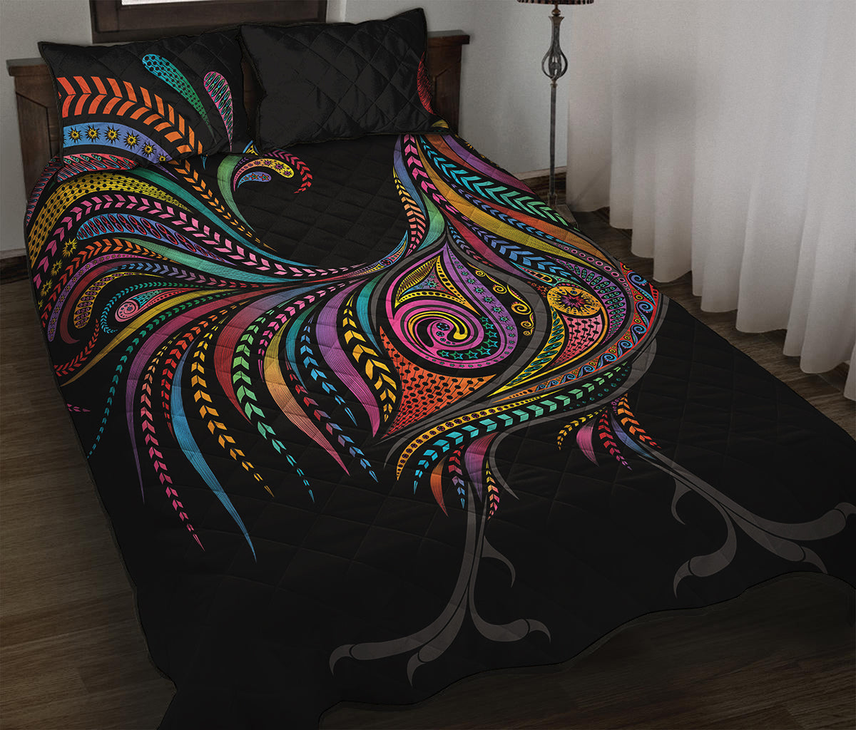 Colorful Rooster Print Quilt Bed Set