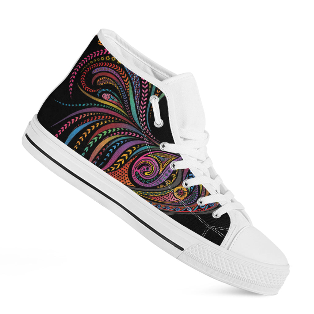 Colorful Rooster Print White High Top Shoes