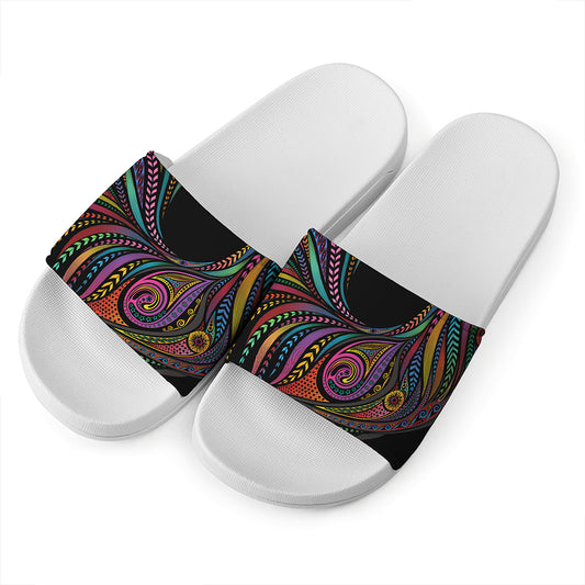 Colorful Rooster Print White Slide Sandals