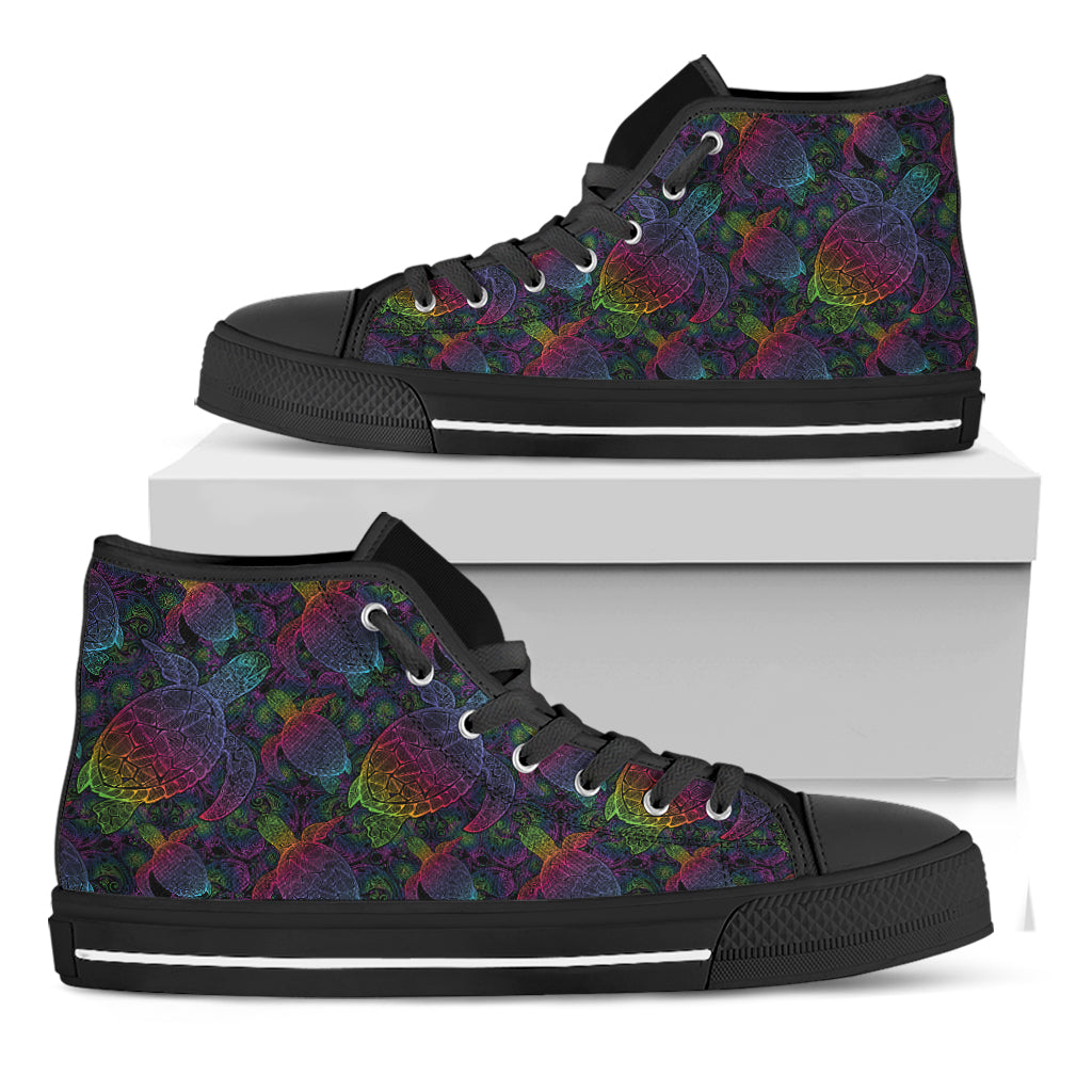 Colorful Sea Turtle Pattern Print Black High Top Shoes