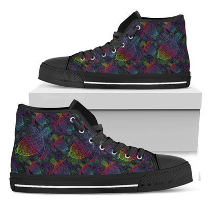 Colorful Sea Turtle Pattern Print Black High Top Shoes