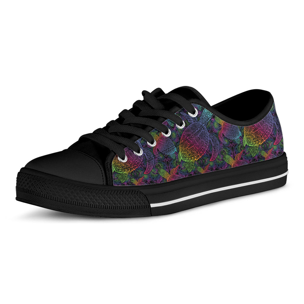 Colorful Sea Turtle Pattern Print Black Low Top Shoes