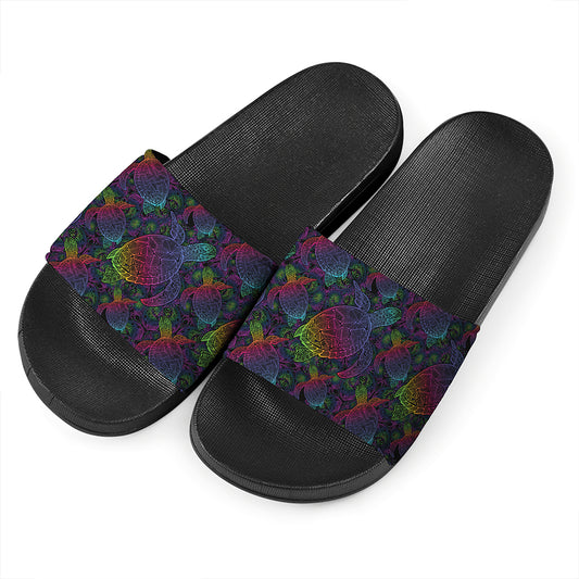 Colorful Sea Turtle Pattern Print Black Slide Sandals
