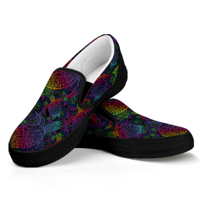 Colorful Sea Turtle Pattern Print Black Slip On Shoes