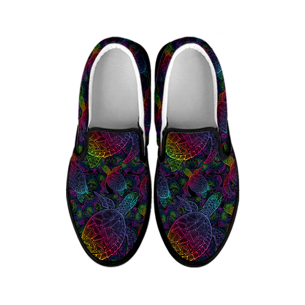 Colorful Sea Turtle Pattern Print Black Slip On Shoes