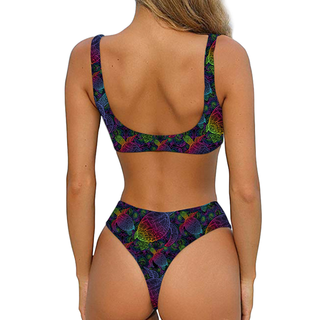 Colorful Sea Turtle Pattern Print Front Bow Tie Bikini