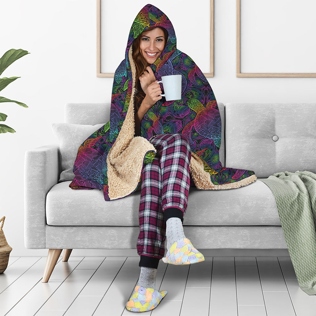 Colorful Sea Turtle Pattern Print Hooded Blanket