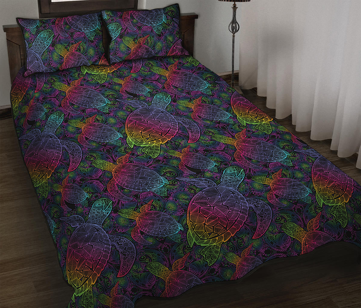 Colorful Sea Turtle Pattern Print Quilt Bed Set
