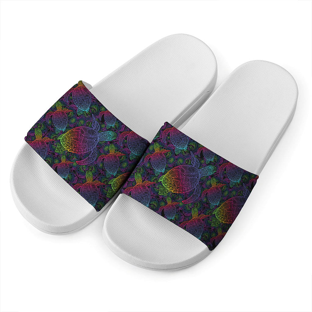 Colorful Sea Turtle Pattern Print White Slide Sandals