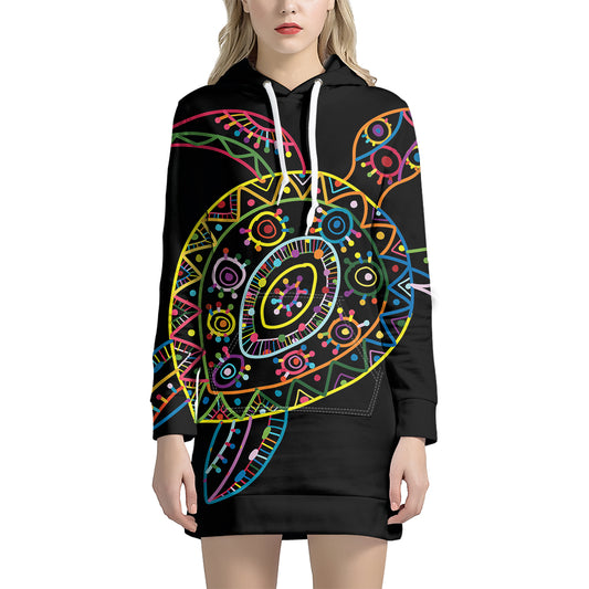 Colorful Sea Turtle Print Pullover Hoodie Dress