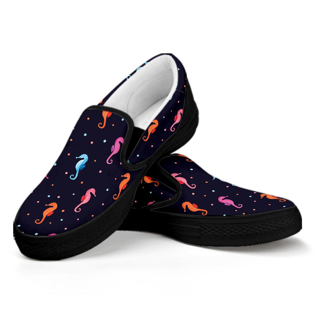 Colorful Seahorse Pattern Print Black Slip On Shoes
