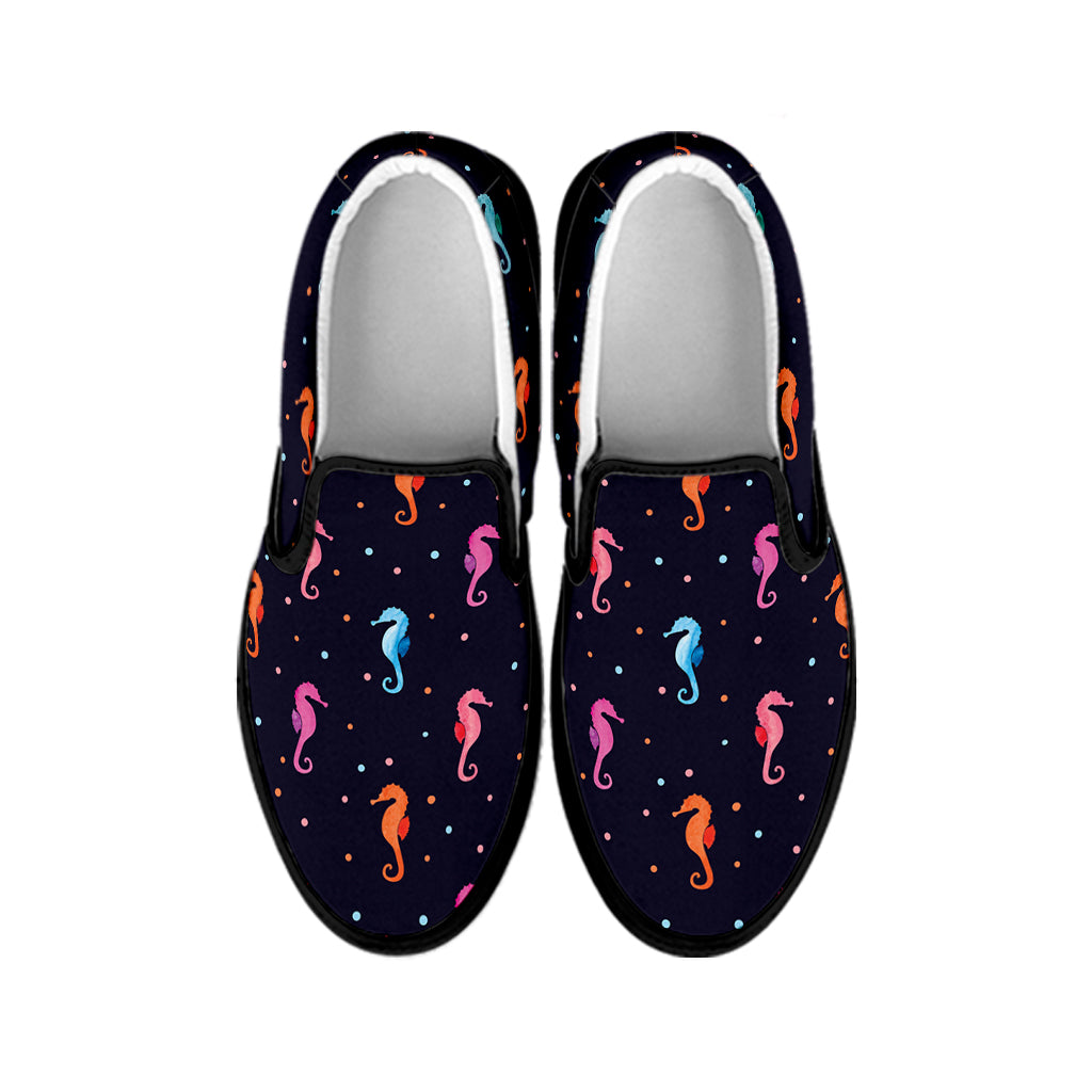 Colorful Seahorse Pattern Print Black Slip On Shoes