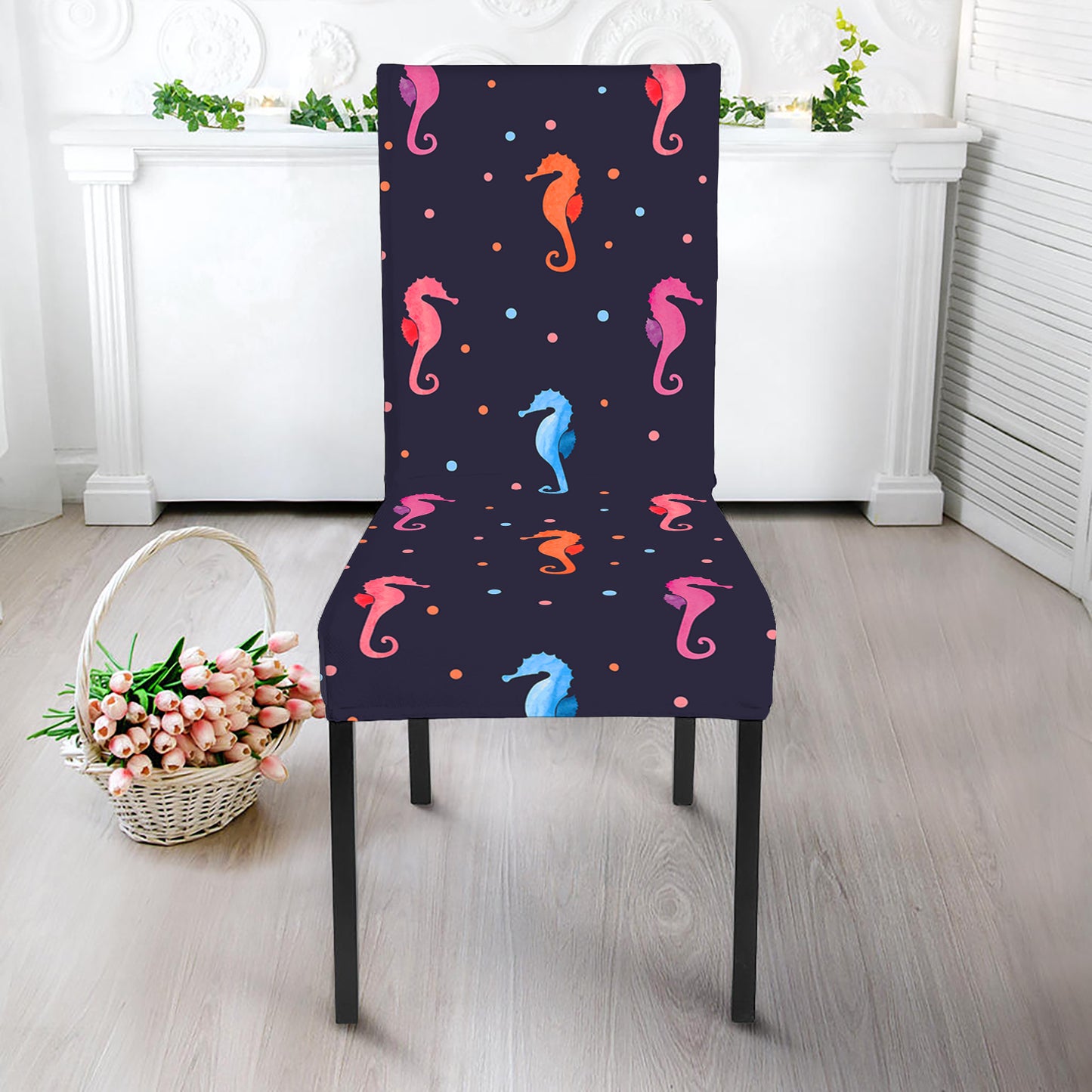 Colorful Seahorse Pattern Print Dining Chair Slipcover