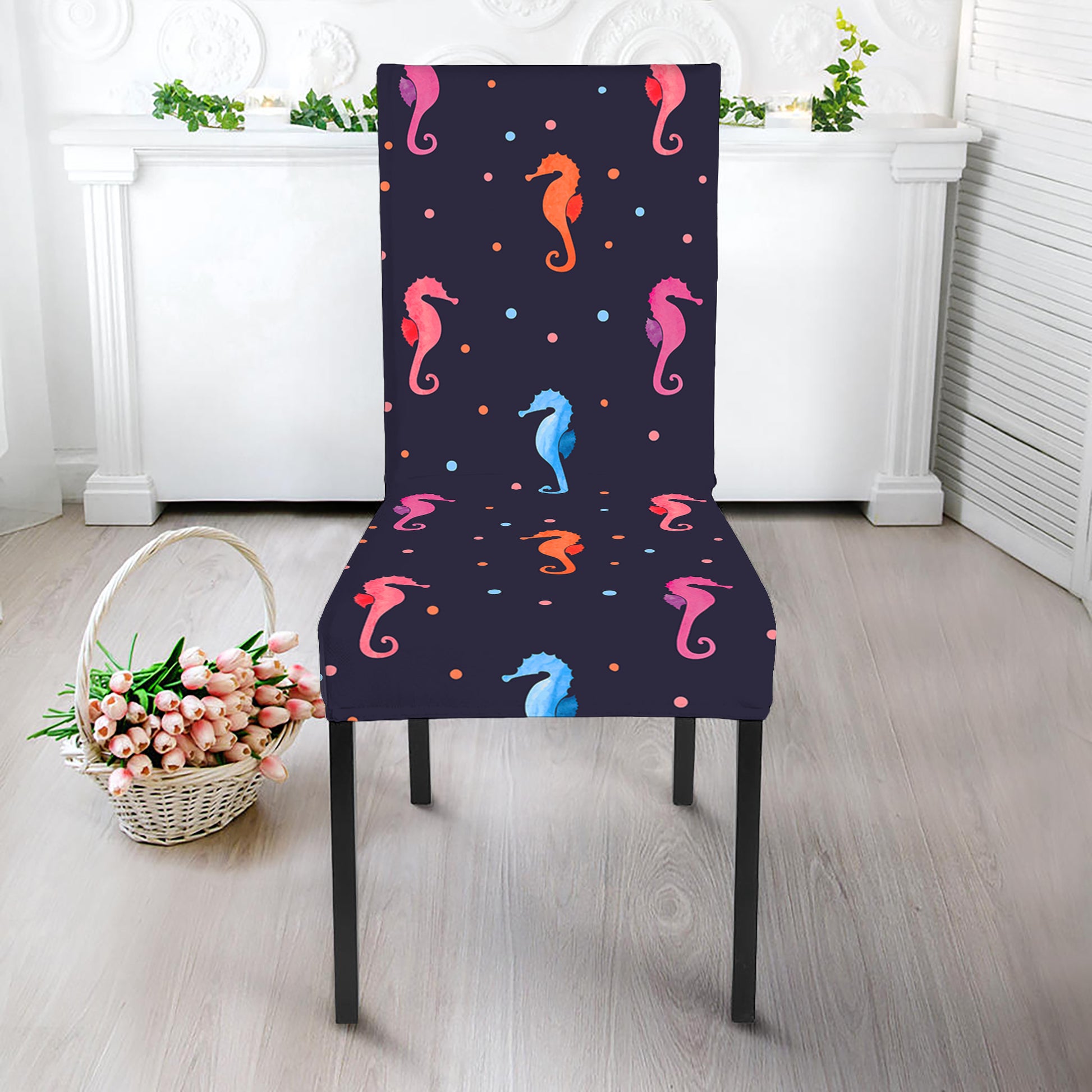 Colorful Seahorse Pattern Print Dining Chair Slipcover