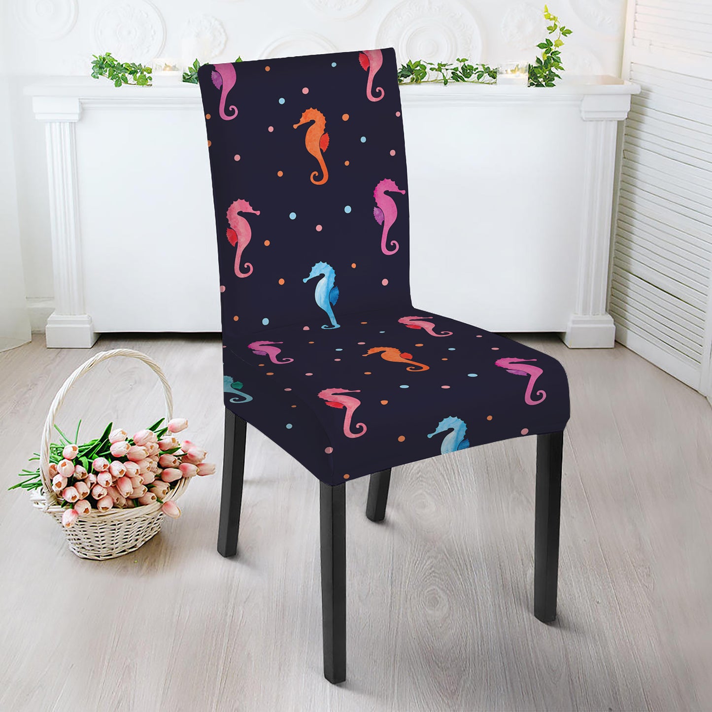 Colorful Seahorse Pattern Print Dining Chair Slipcover