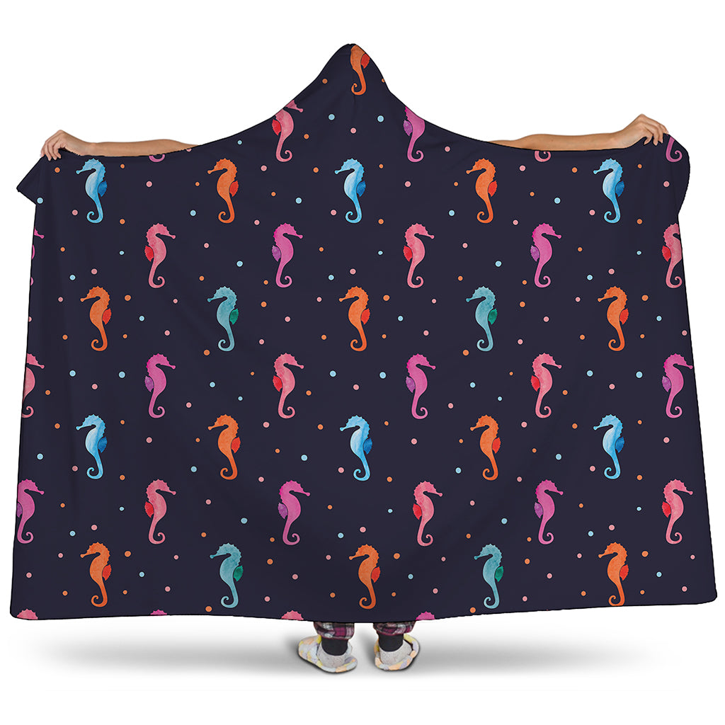 Colorful Seahorse Pattern Print Hooded Blanket