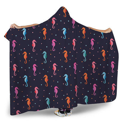 Colorful Seahorse Pattern Print Hooded Blanket