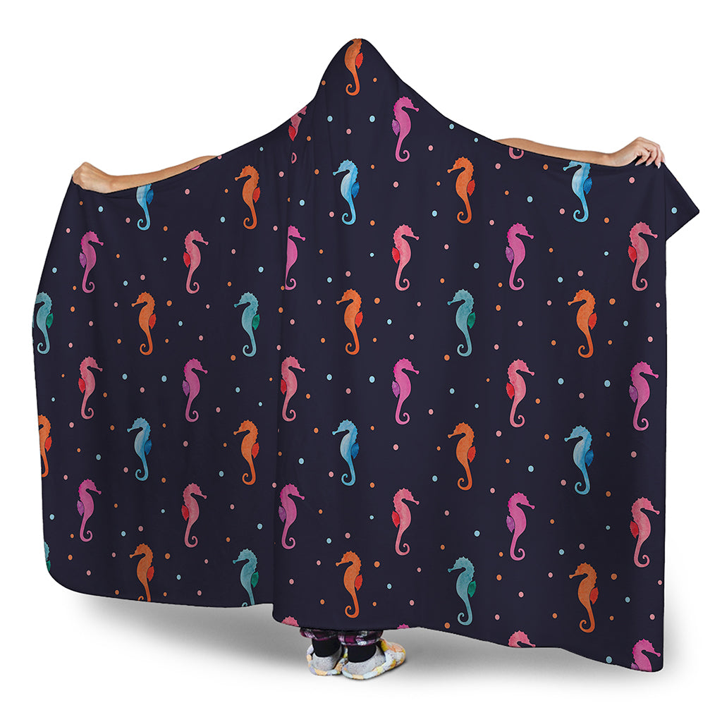 Colorful Seahorse Pattern Print Hooded Blanket