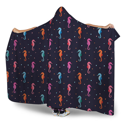 Colorful Seahorse Pattern Print Hooded Blanket