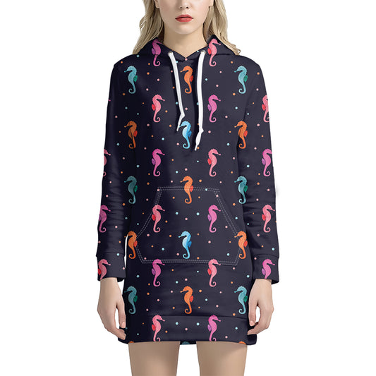 Colorful Seahorse Pattern Print Hoodie Dress