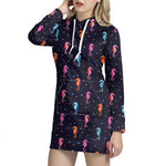 Colorful Seahorse Pattern Print Hoodie Dress
