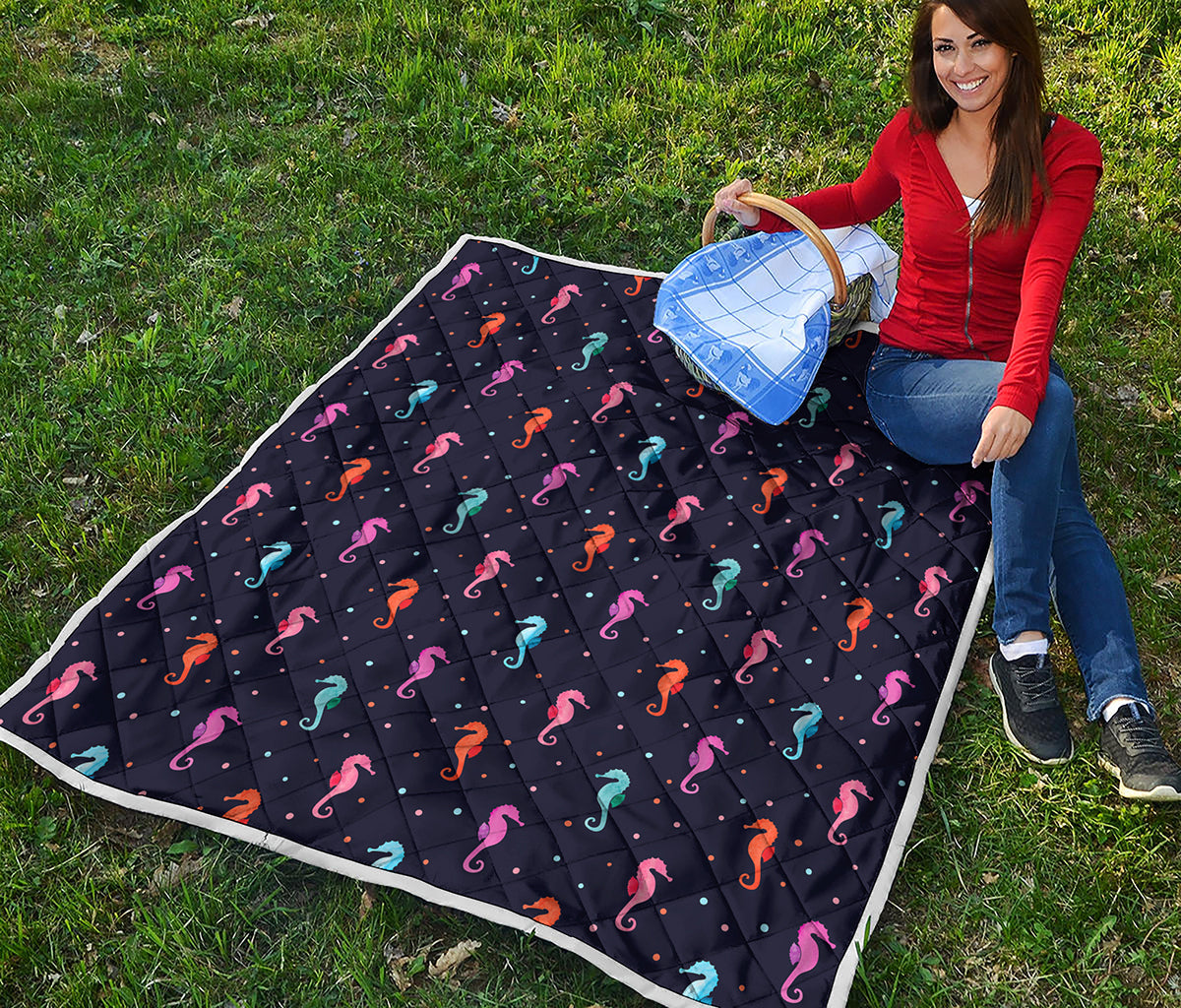 Colorful Seahorse Pattern Print Quilt