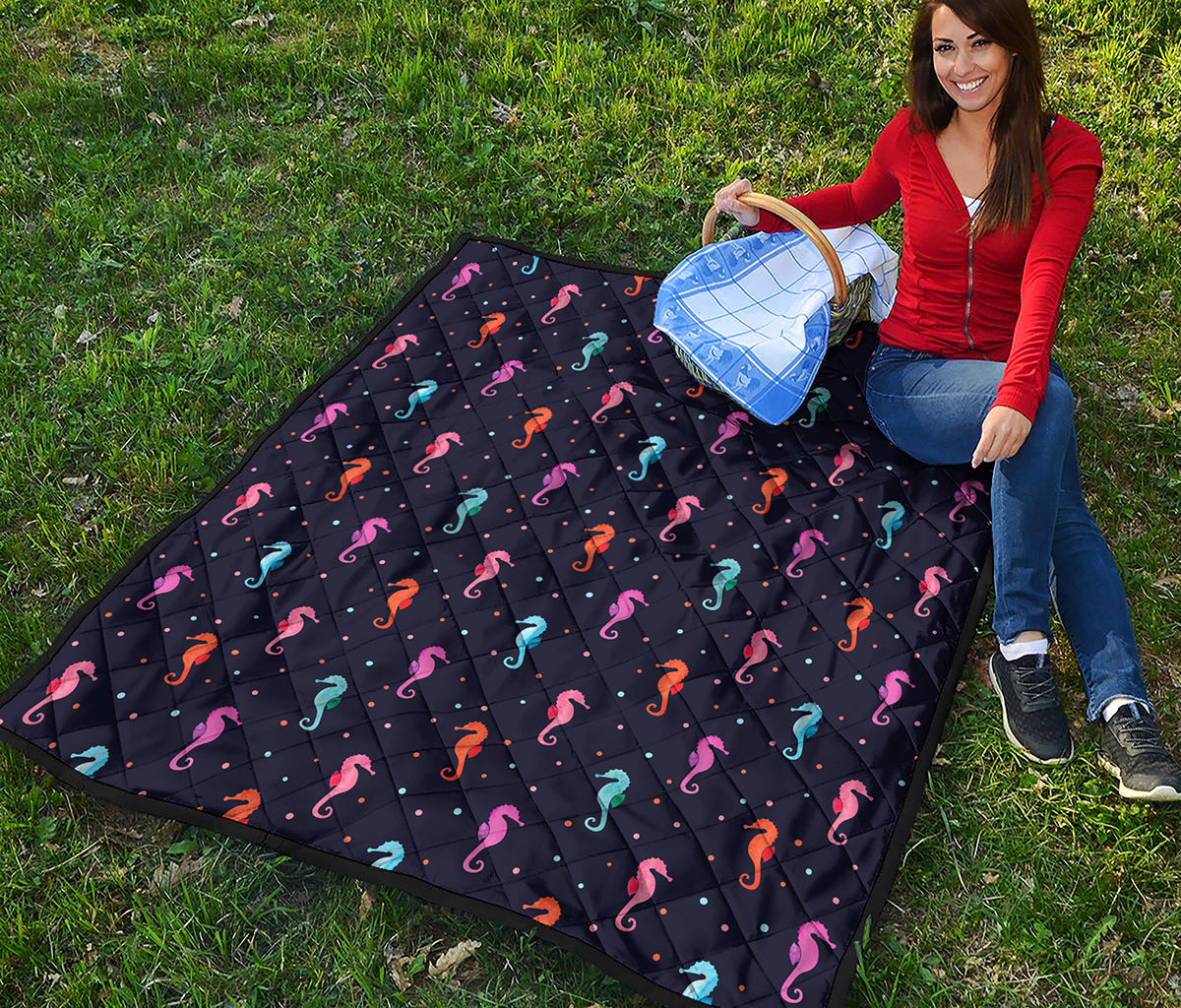 Colorful Seahorse Pattern Print Quilt