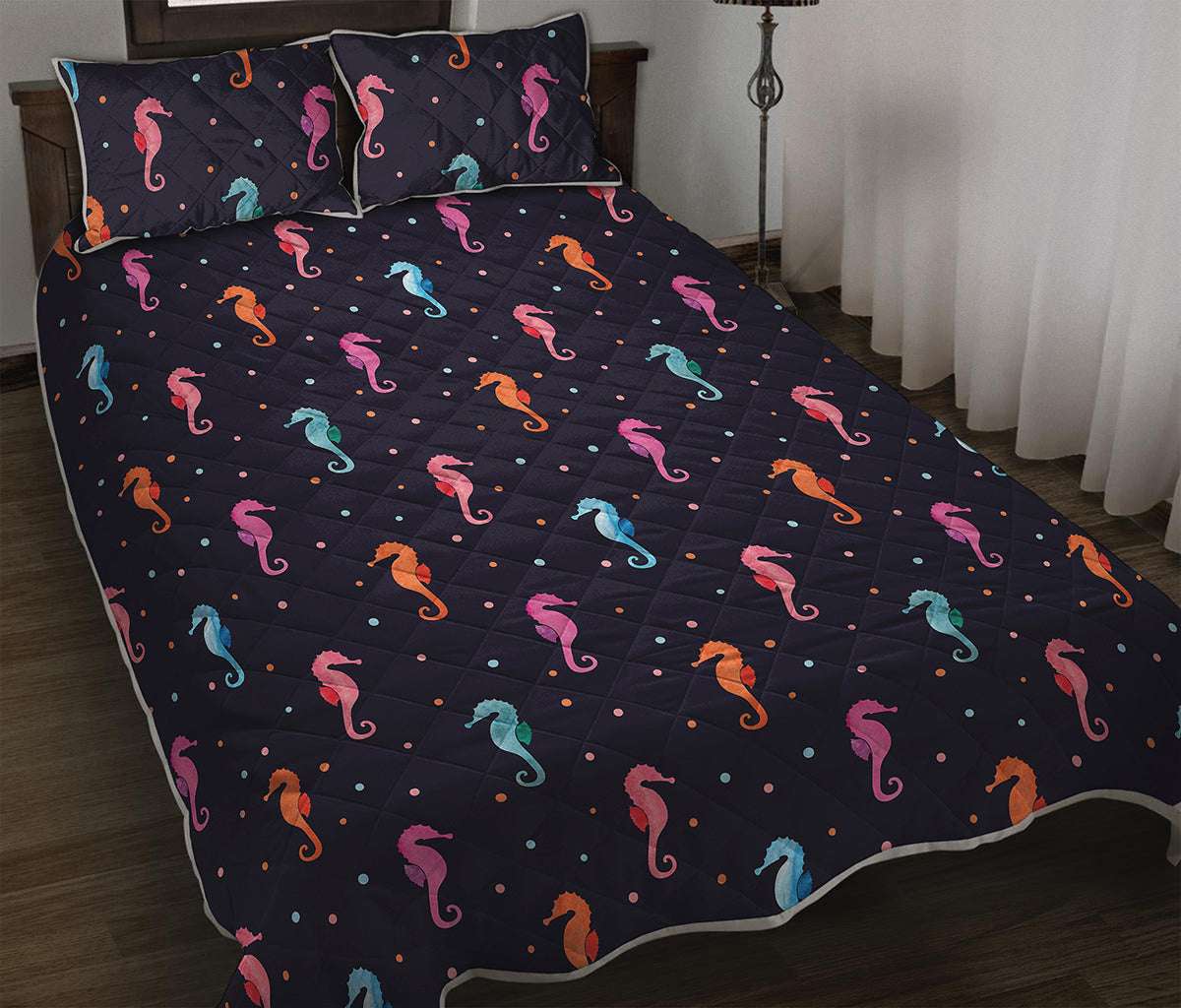Colorful Seahorse Pattern Print Quilt Bed Set