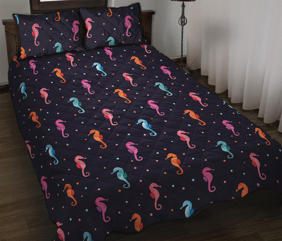 Colorful Seahorse Pattern Print Quilt Bed Set