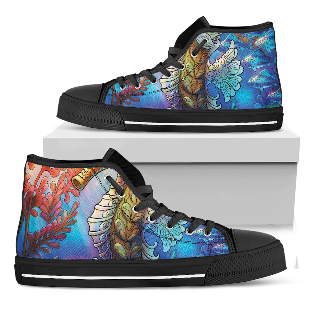 Colorful Seahorse Print Black High Top Shoes