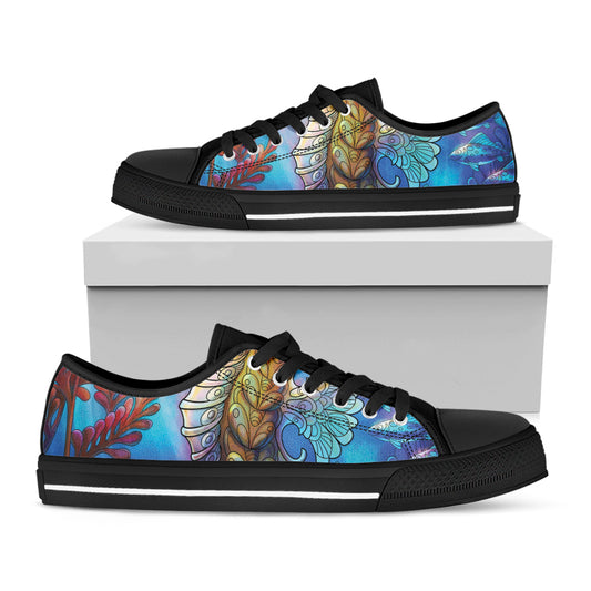 Colorful Seahorse Print Black Low Top Shoes