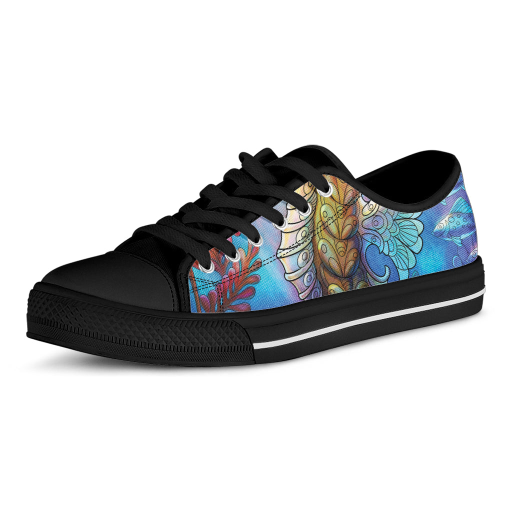 Colorful Seahorse Print Black Low Top Shoes