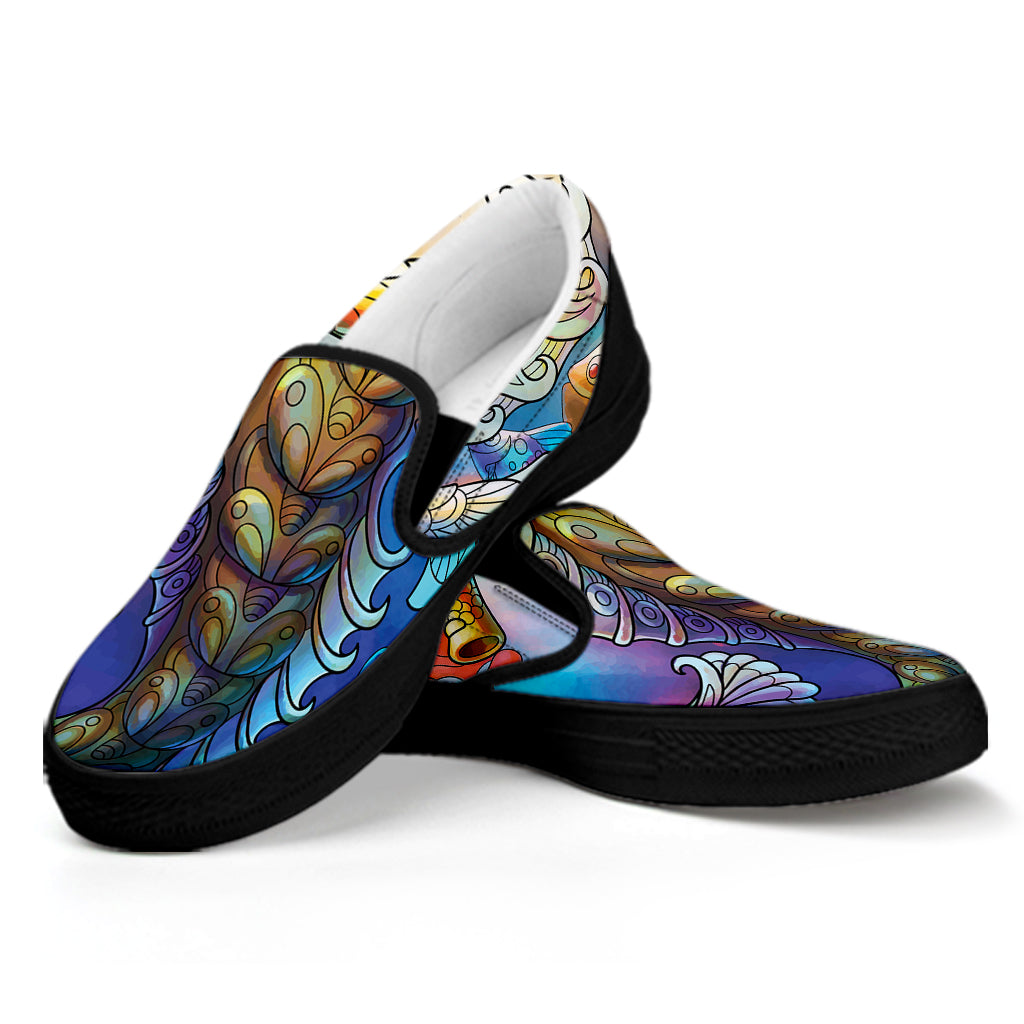 Colorful Seahorse Print Black Slip On Shoes