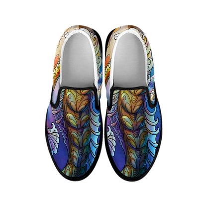 Colorful Seahorse Print Black Slip On Shoes