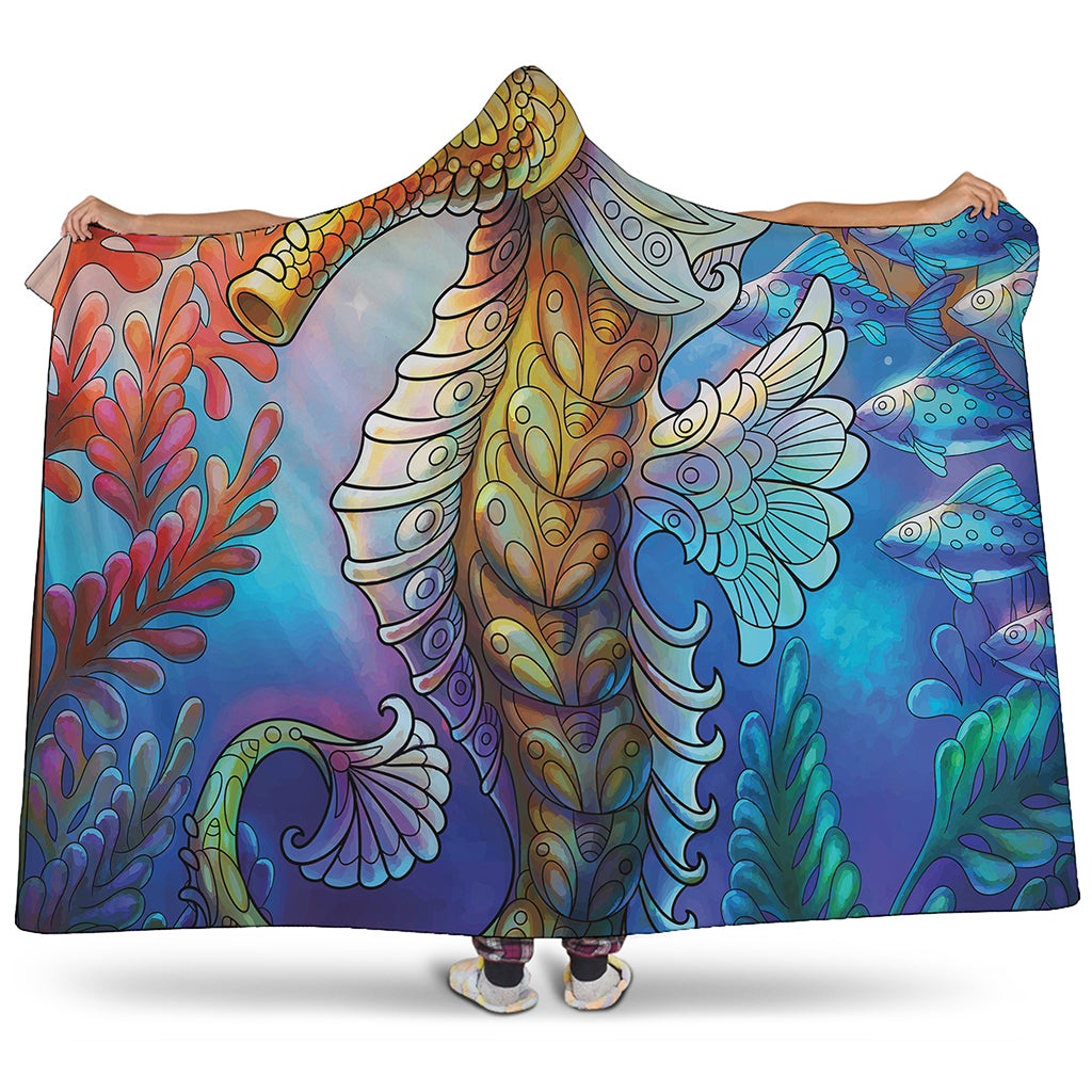 Colorful Seahorse Print Hooded Blanket