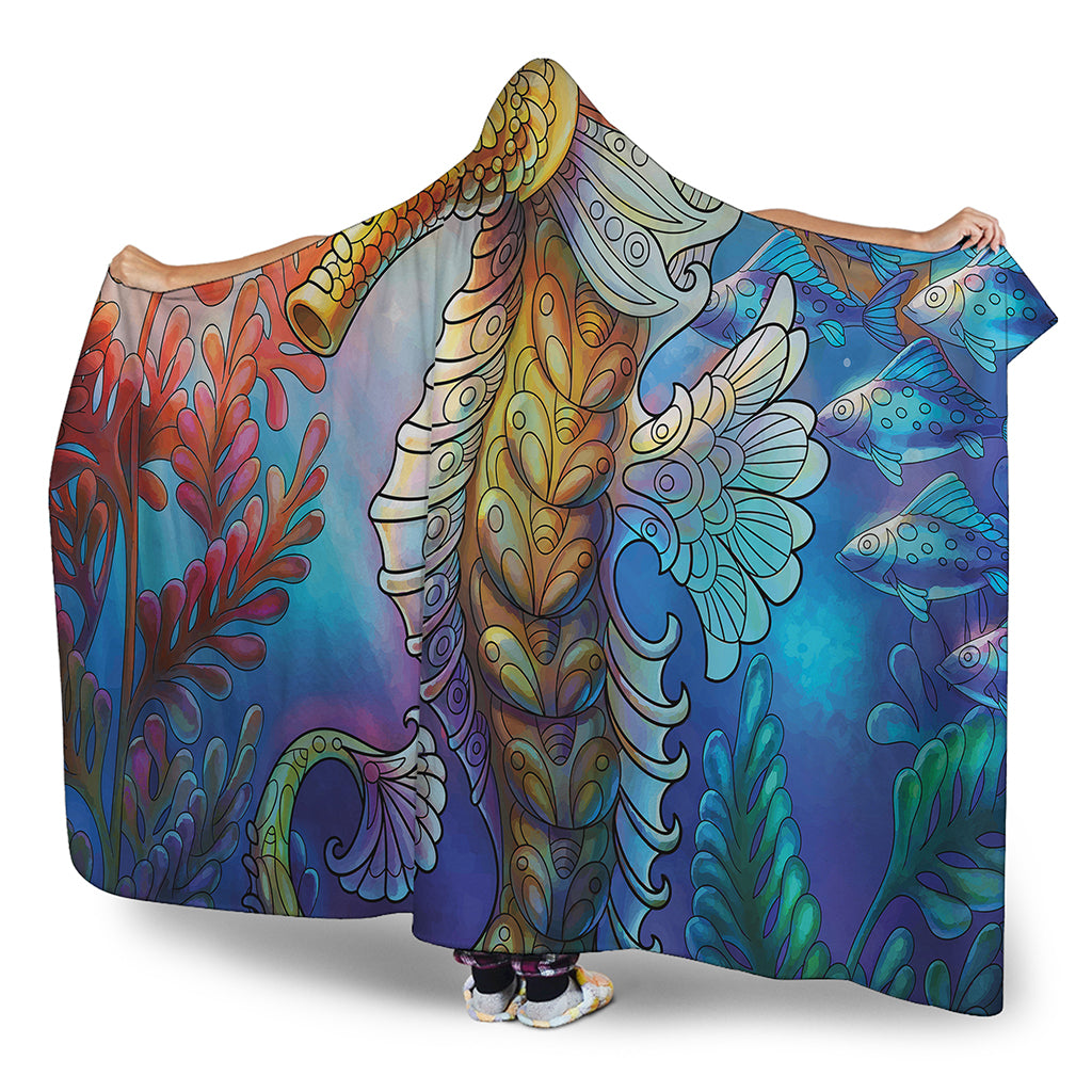 Colorful Seahorse Print Hooded Blanket