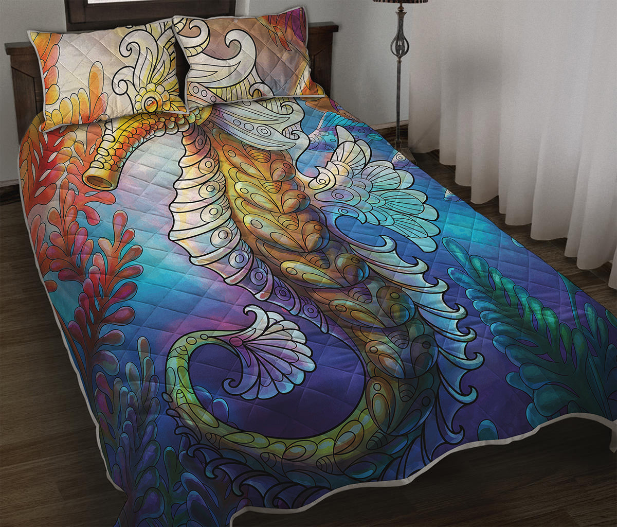 Colorful Seahorse Print Quilt Bed Set