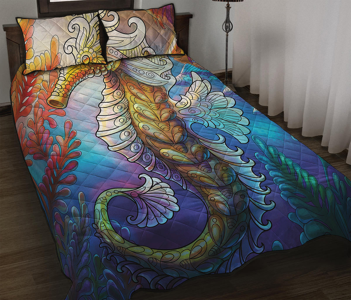 Colorful Seahorse Print Quilt Bed Set
