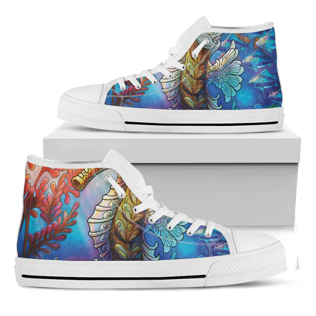 Colorful Seahorse Print White High Top Shoes