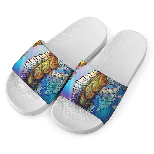 Colorful Seahorse Print White Slide Sandals