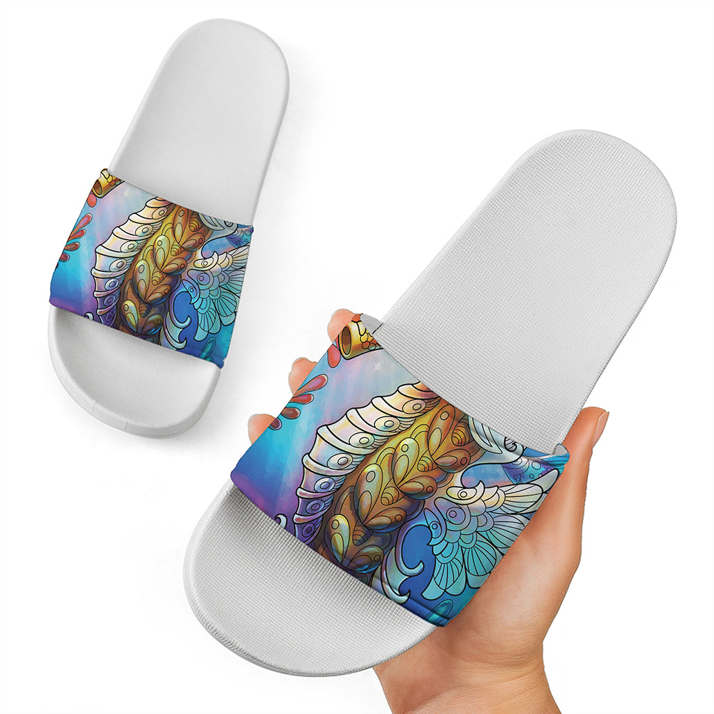 Colorful Seahorse Print White Slide Sandals