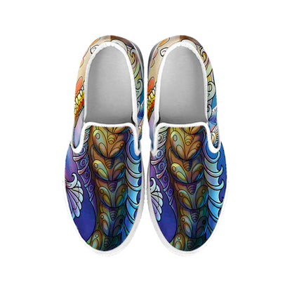 Colorful Seahorse Print White Slip On Shoes