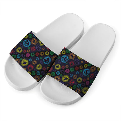Colorful Seven Chakras Pattern Print White Slide Sandals