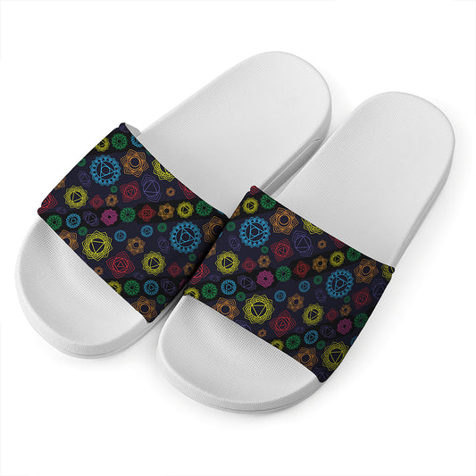 Colorful Seven Chakras Pattern Print White Slide Sandals