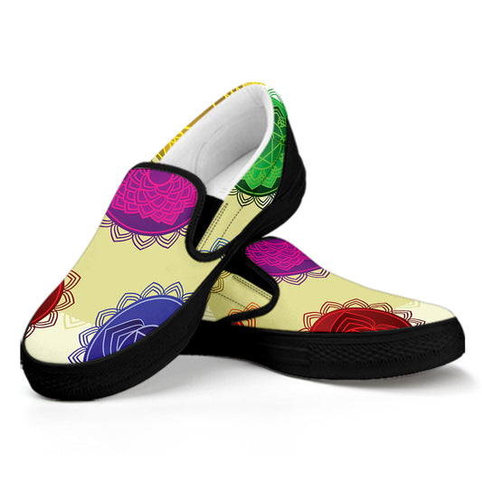 Colorful Seven Chakras Print Black Slip On Shoes