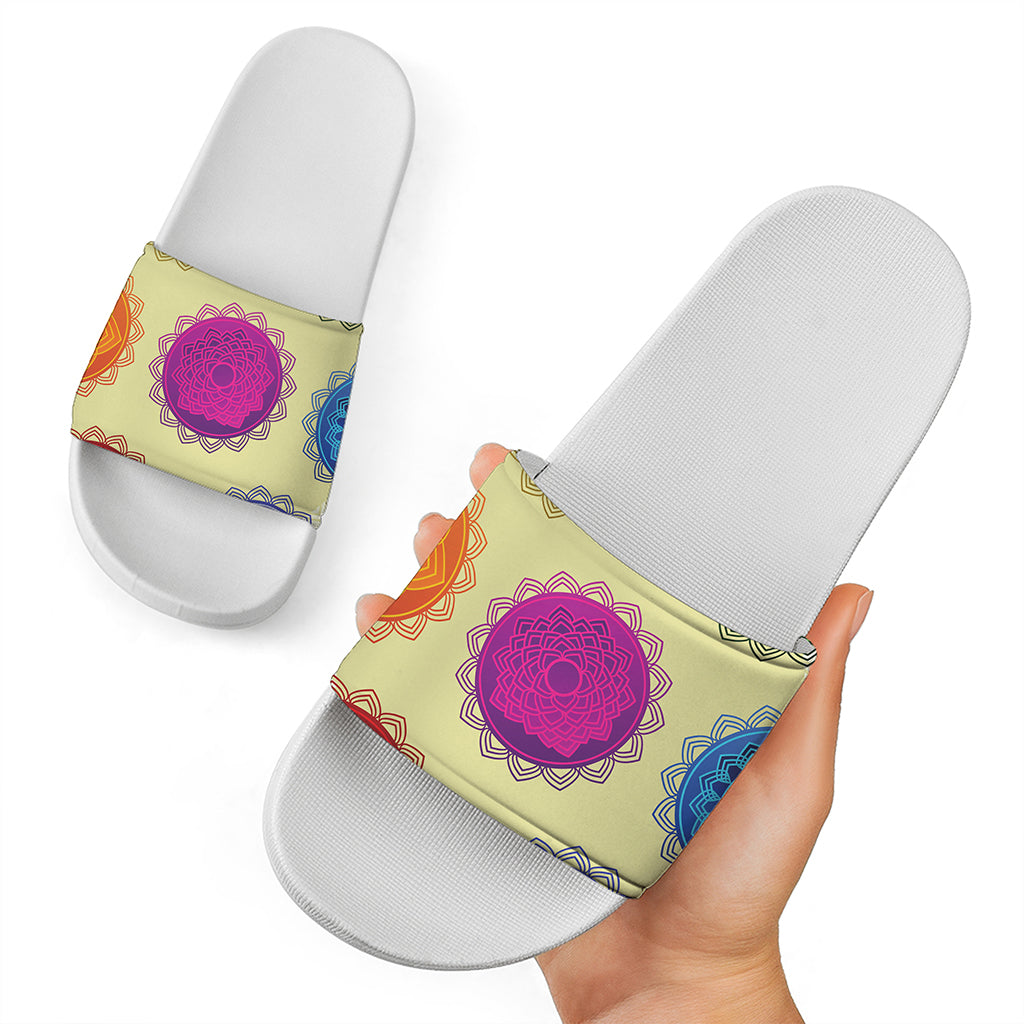 Colorful Seven Chakras Print White Slide Sandals