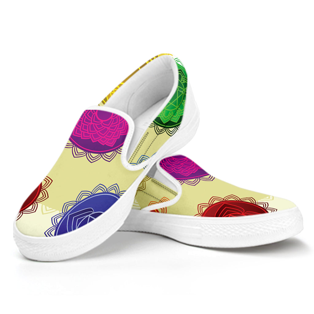Colorful Seven Chakras Print White Slip On Shoes