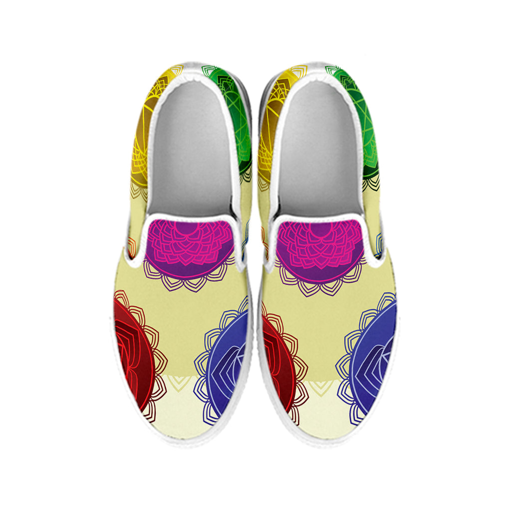 Colorful Seven Chakras Print White Slip On Shoes