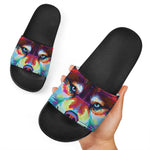 Colorful Siberian Husky Print Black Slide Sandals