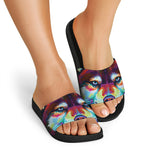 Colorful Siberian Husky Print Black Slide Sandals